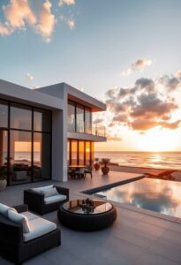 opulent oceanfront villa at sunset